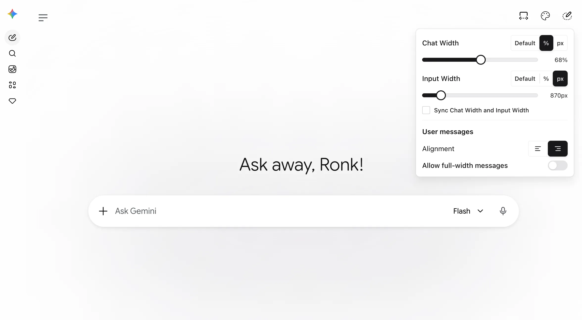 Chat layout shortcut panel in Gemini showing width modes, width sliders, alignment buttons, and the full-width messages switch