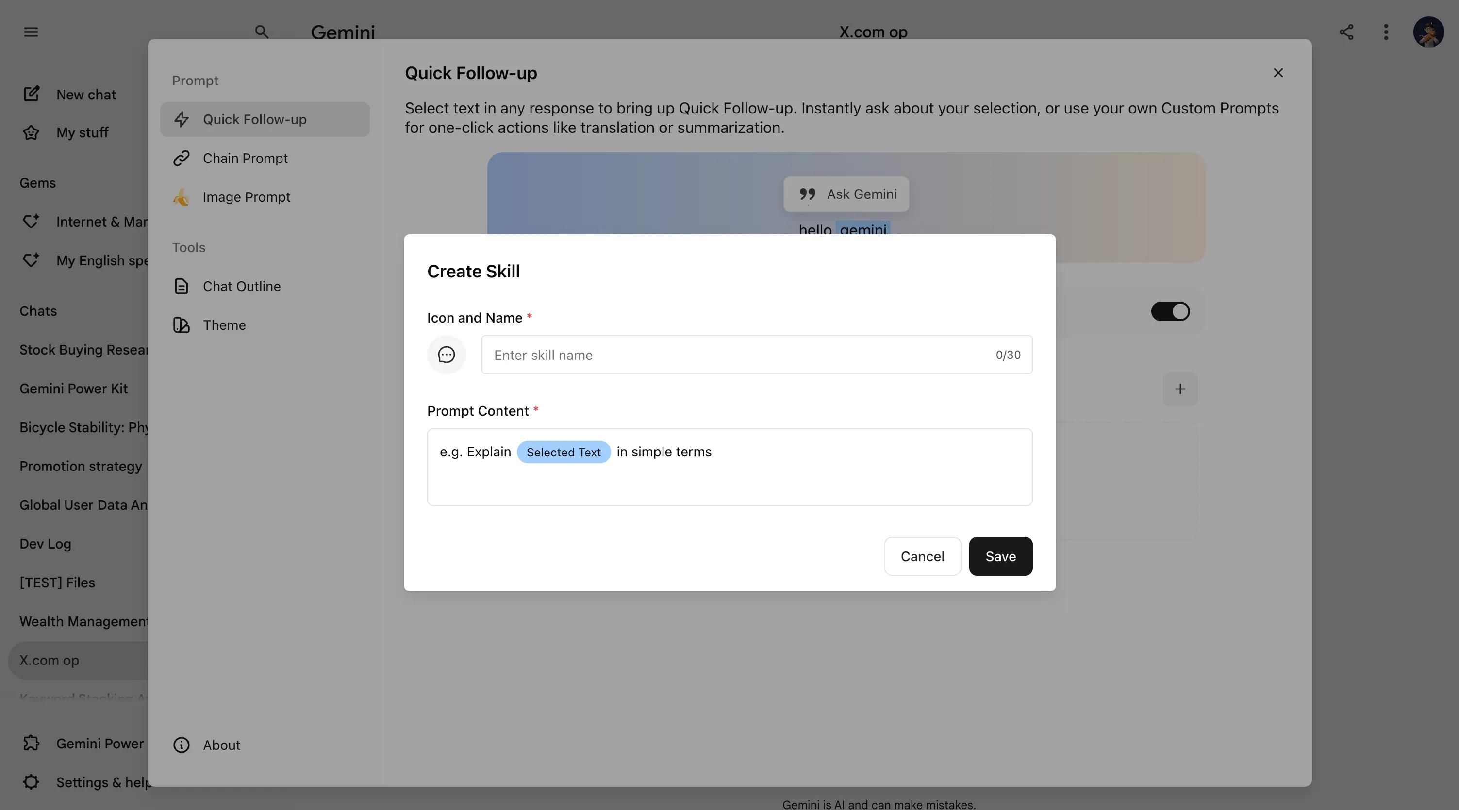 Custom Prompt creation modal with Icon and Name plus Prompt Content fields