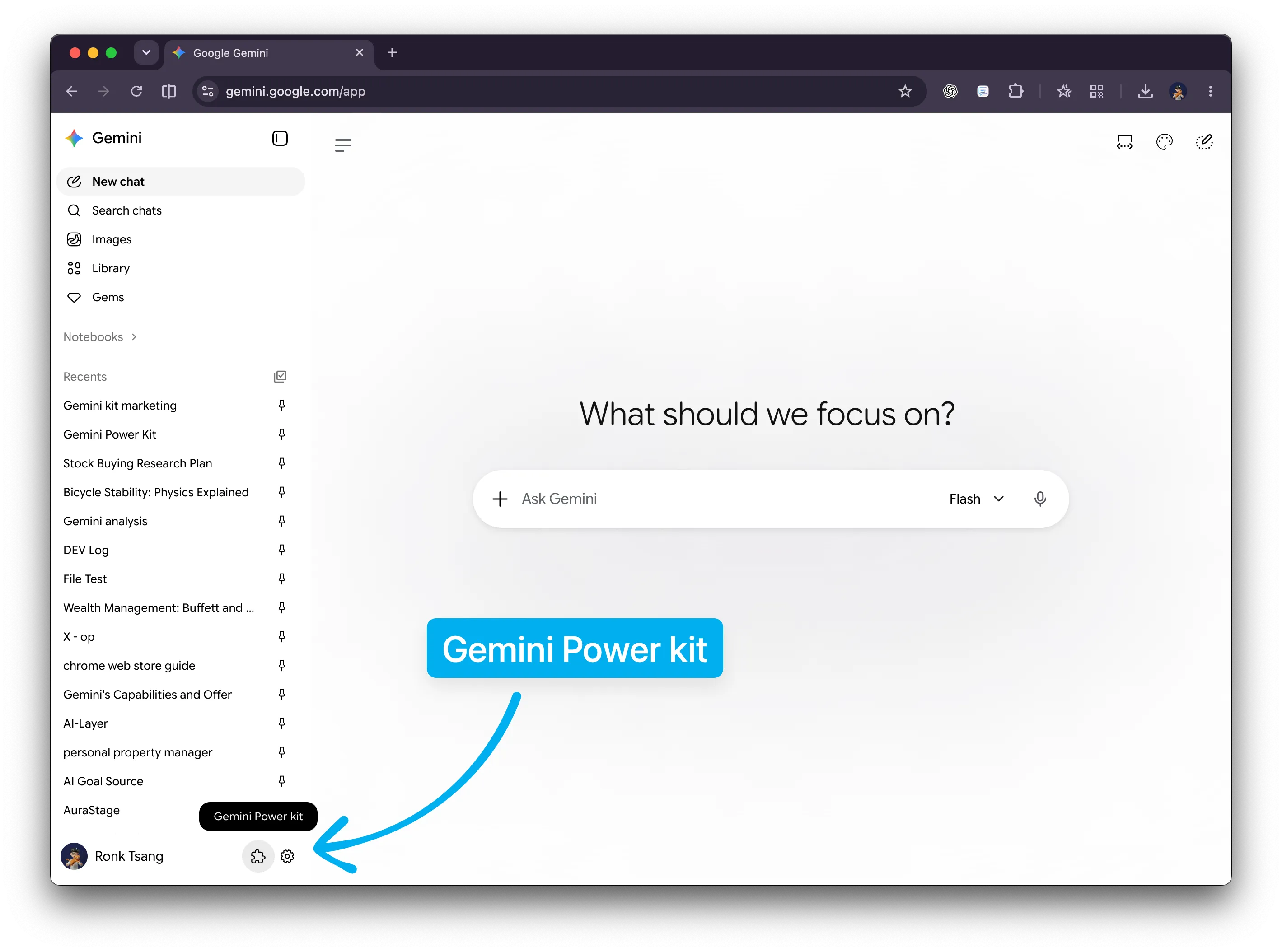 Gemini Power Kit puzzle-piece entry at the bottom of the Google Gemini sidebar, beside the Settings icon