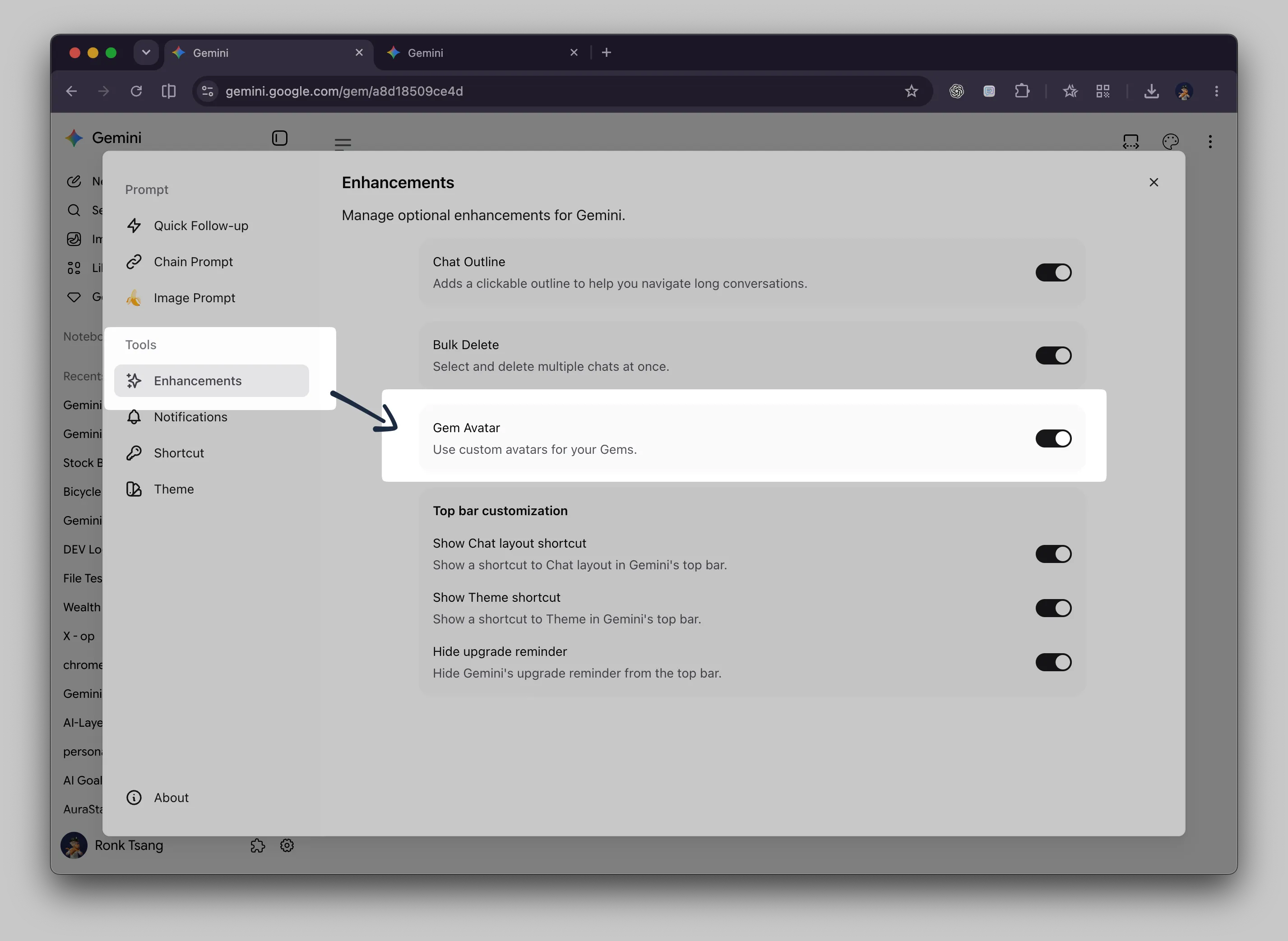Gemini Power Kit Enhancements settings with the Gem Avatar switch highlighted