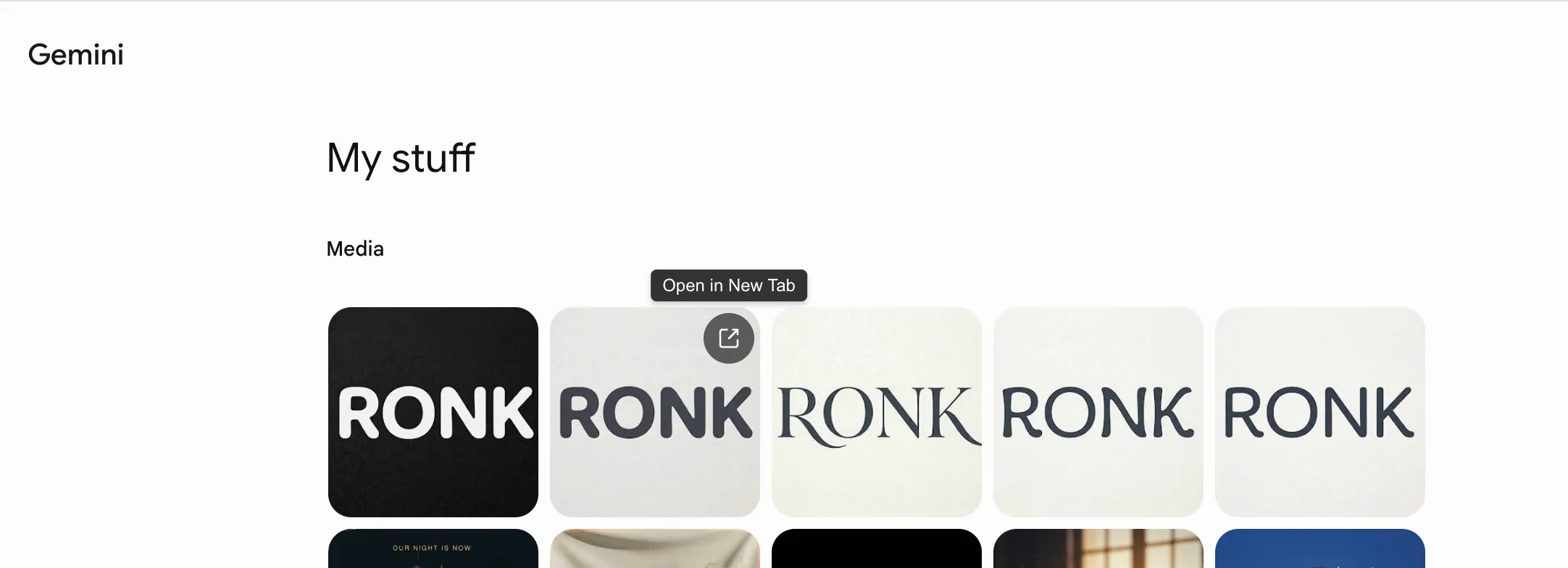 Open in New Tab button displayed on items in Gemini My stuff page