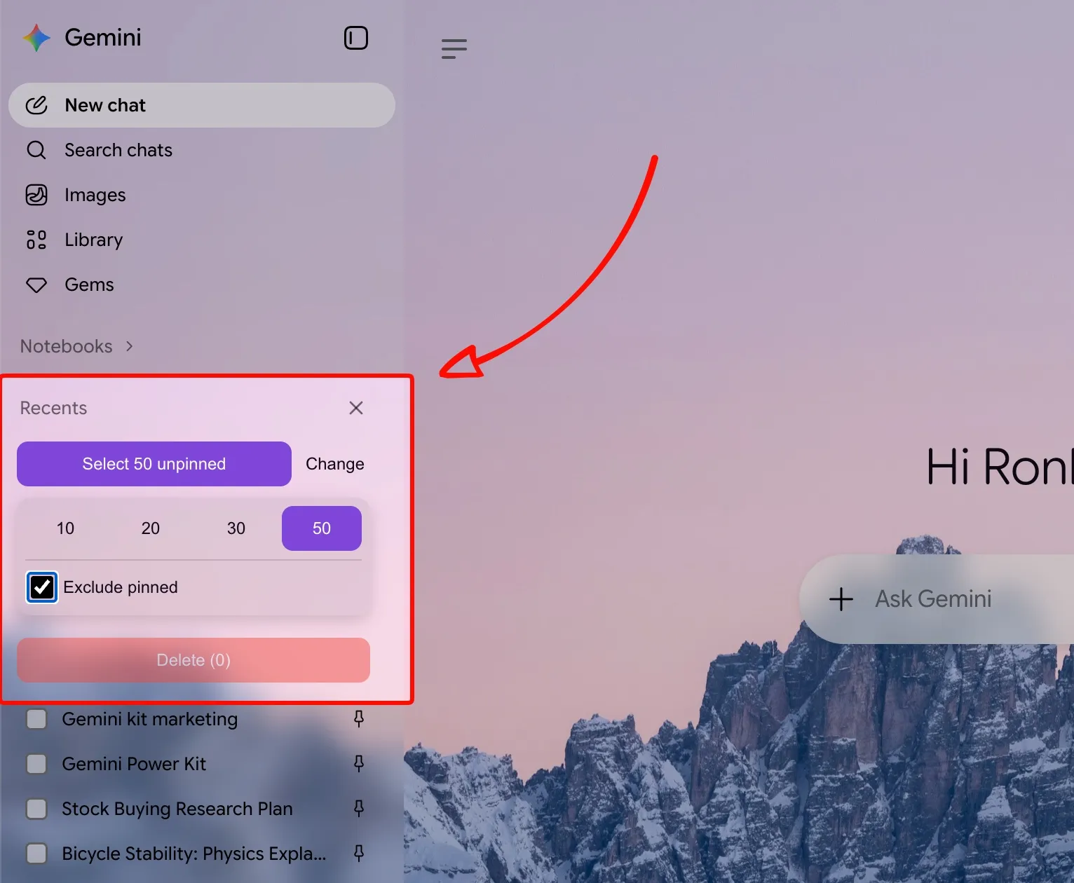 Bulk Delete panel: Select recent, count choices, Exclude pinned, checkboxes, and Delete controls in Google Gemini