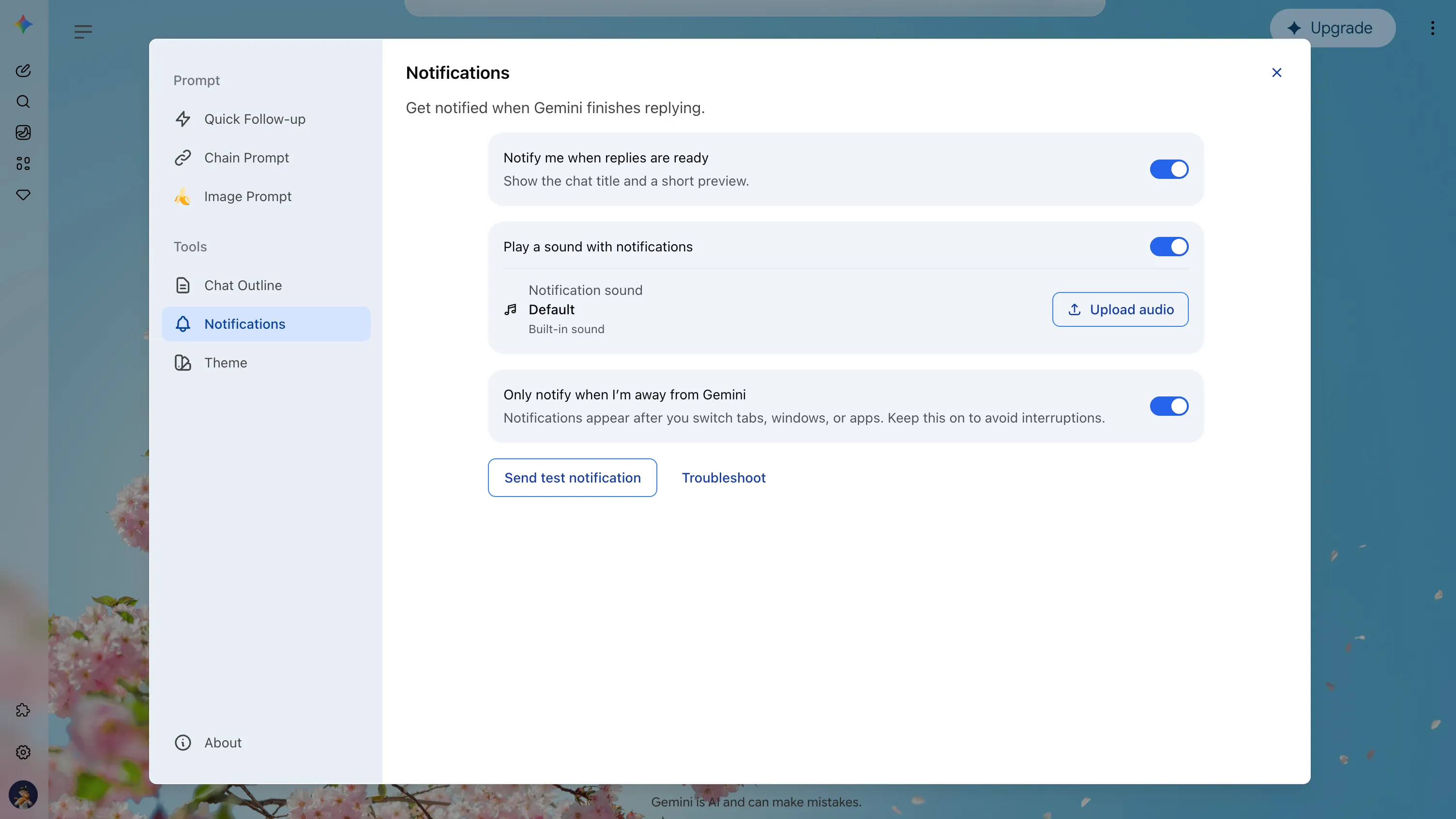 Notifications settings with reply completion alerts, custom sound, foreground behavior, test notification, and troubleshooting link