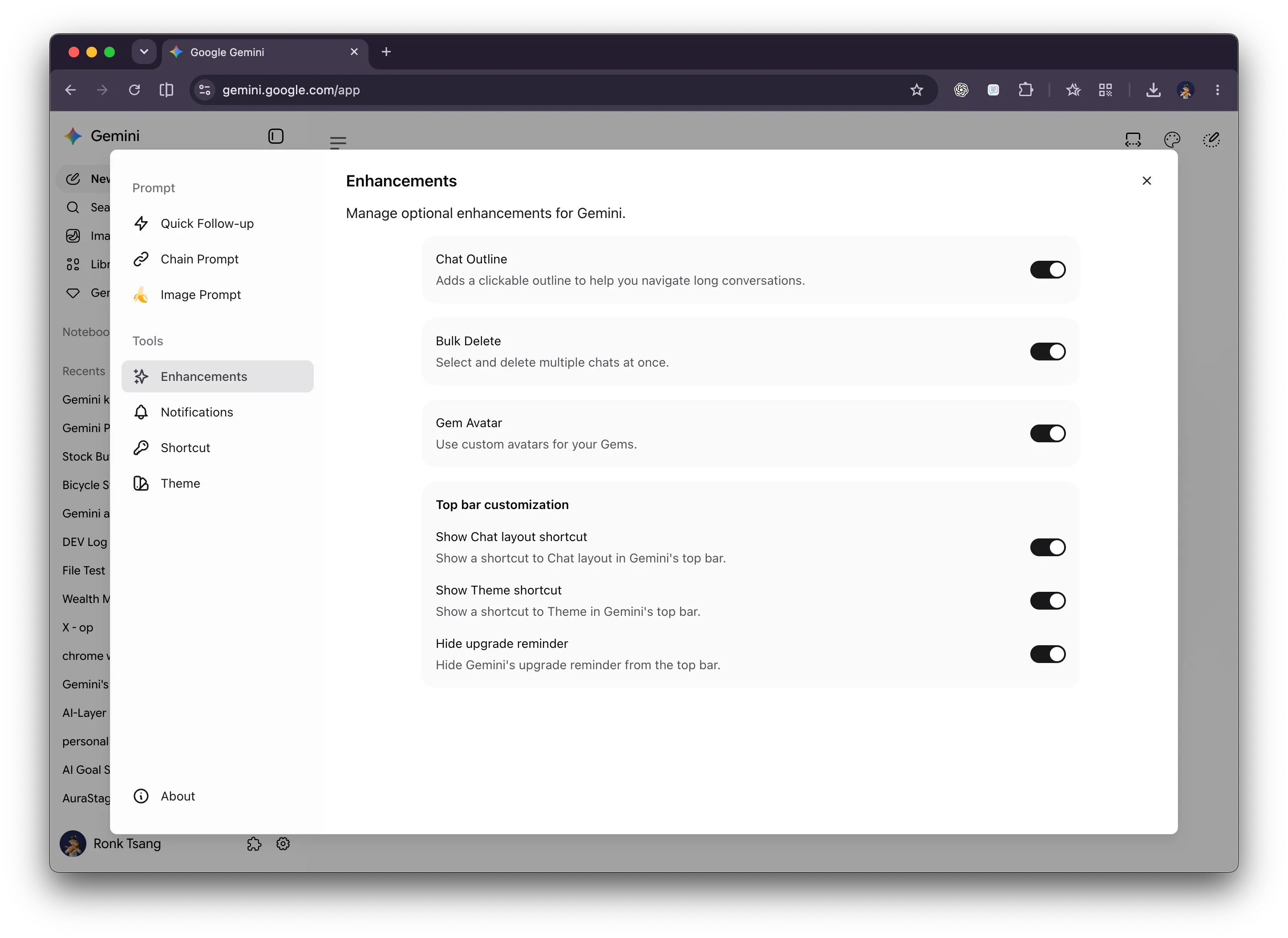 Gemini Power Kit settings panel showing Prompt and Tools navigation, Enhancements toggles, and top bar customization controls