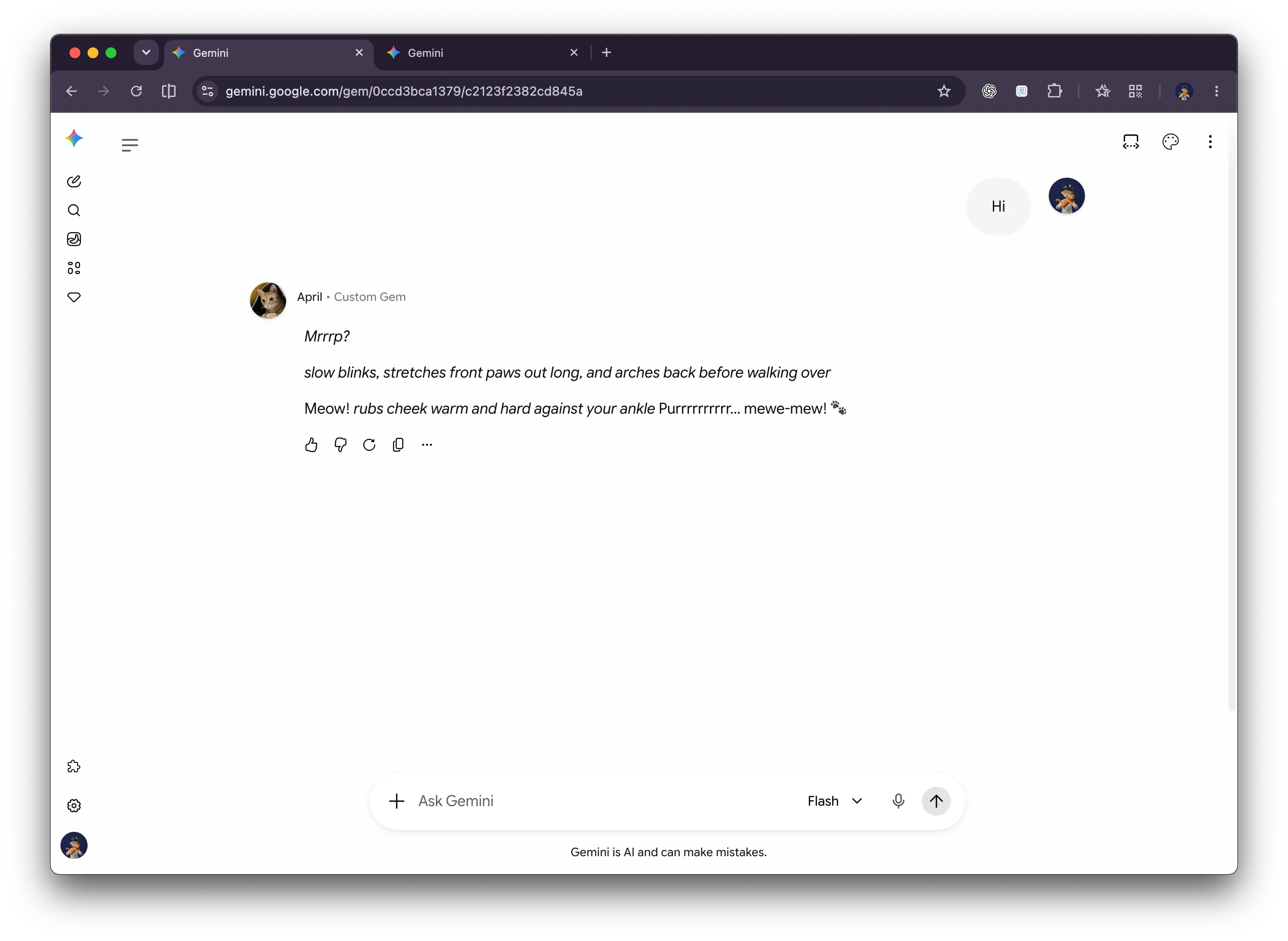 Gemini Gem chat showing a custom cat avatar beside the Gem April and a user profile avatar beside the user's message