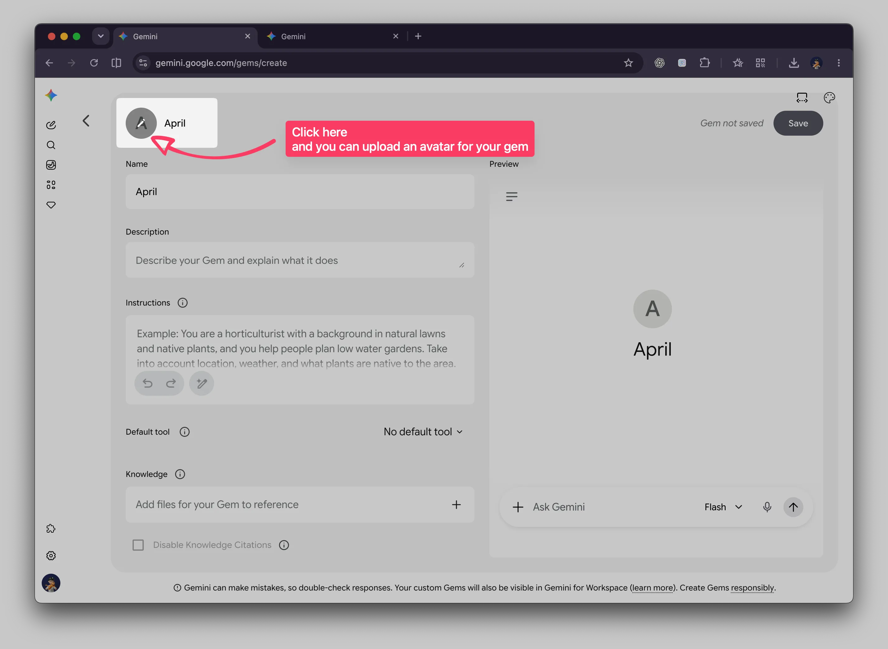 Google Gemini Gem creation screen with an arrow pointing to the circular avatar upload control beside the Gem name